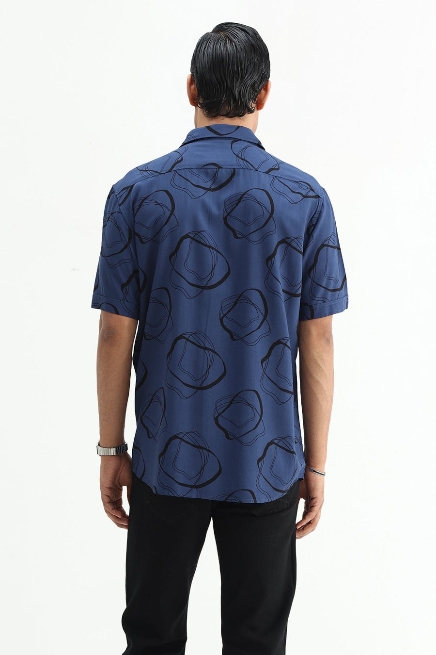 BASICS SLIM FIT TRUE NAVY COTTON VISCOSE PRINTED HALFSLEEVES SHIRT