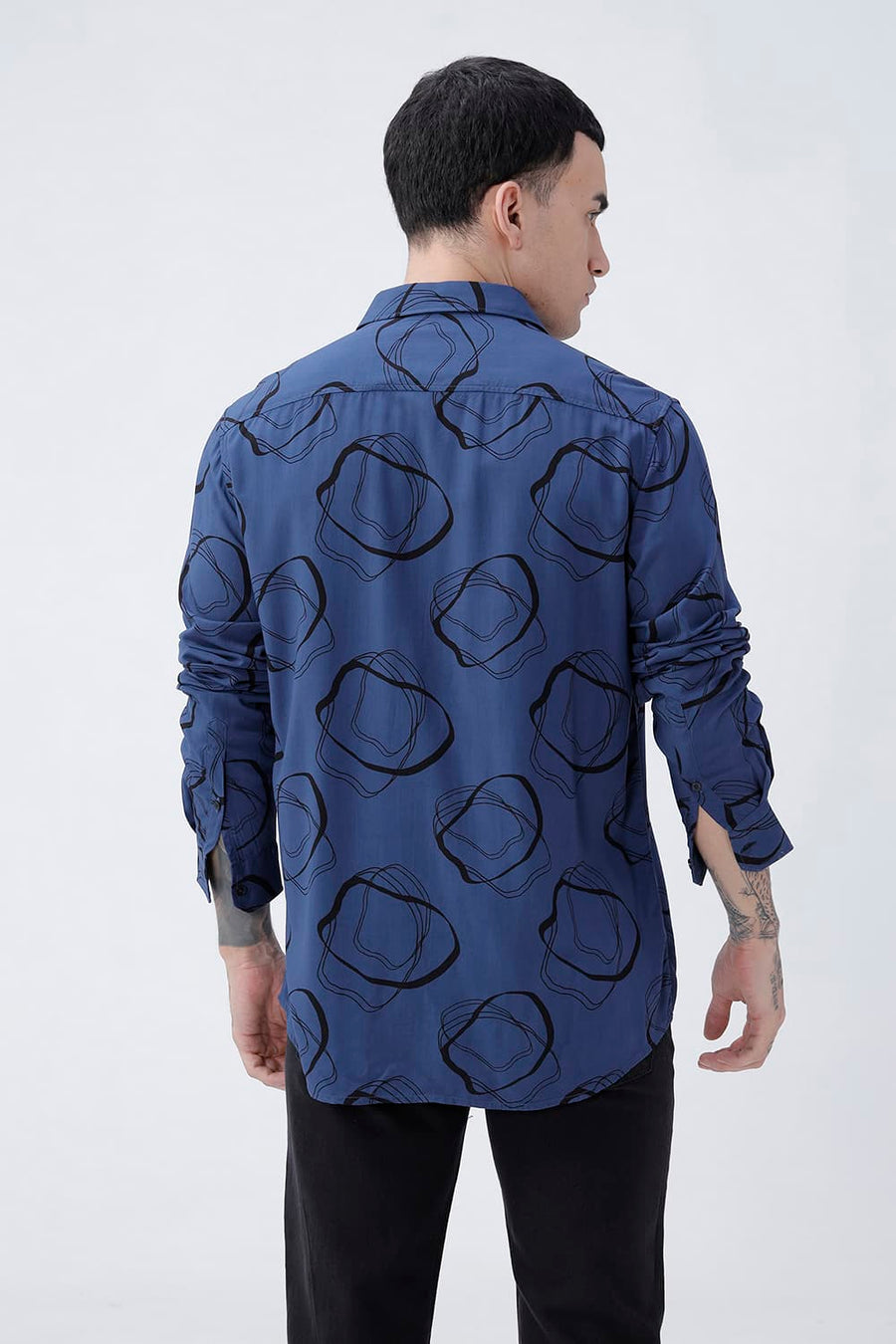 BASICS SLIM FIT TRUE NAVY COTTON VISCOSE PRINTED SHIRT