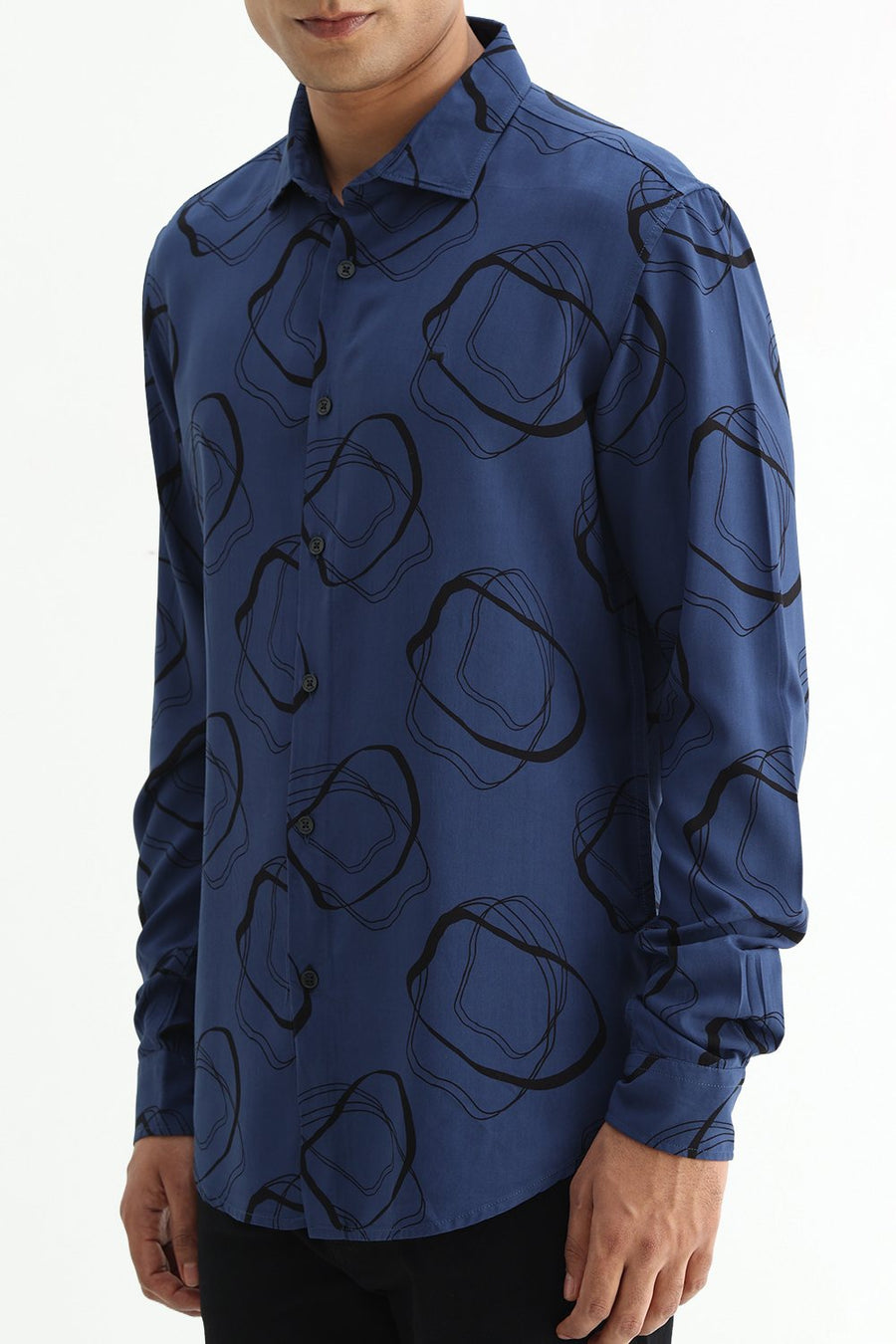 BASICS SLIM FIT TRUE NAVY COTTON VISCOSE PRINTED SHIRT