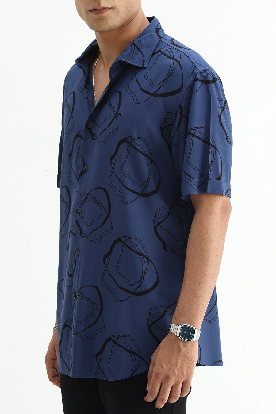 BASICS SLIM FIT TRUE NAVY COTTON VISCOSE PRINTED HALFSLEEVES SHIRT