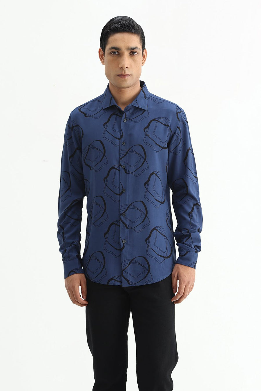 BASICS SLIM FIT TRUE NAVY COTTON VISCOSE PRINTED SHIRT