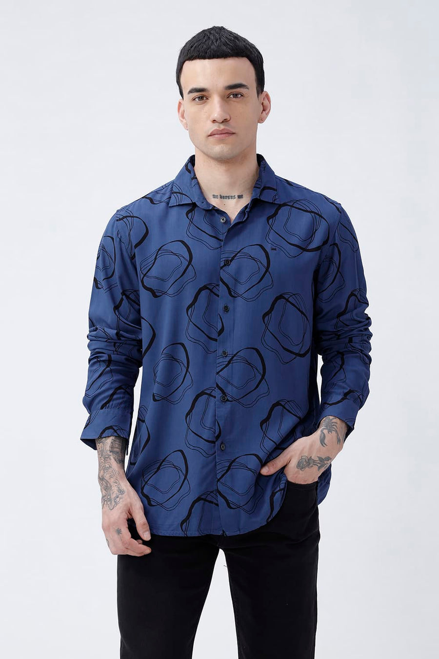 BASICS SLIM FIT TRUE NAVY COTTON VISCOSE PRINTED SHIRT
