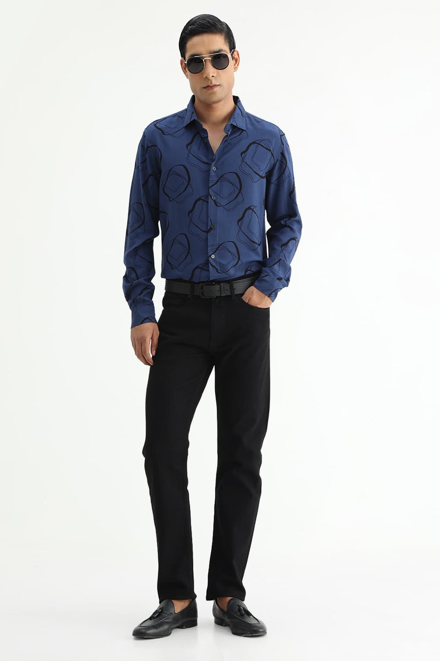 BASICS SLIM FIT TRUE NAVY COTTON VISCOSE PRINTED SHIRT