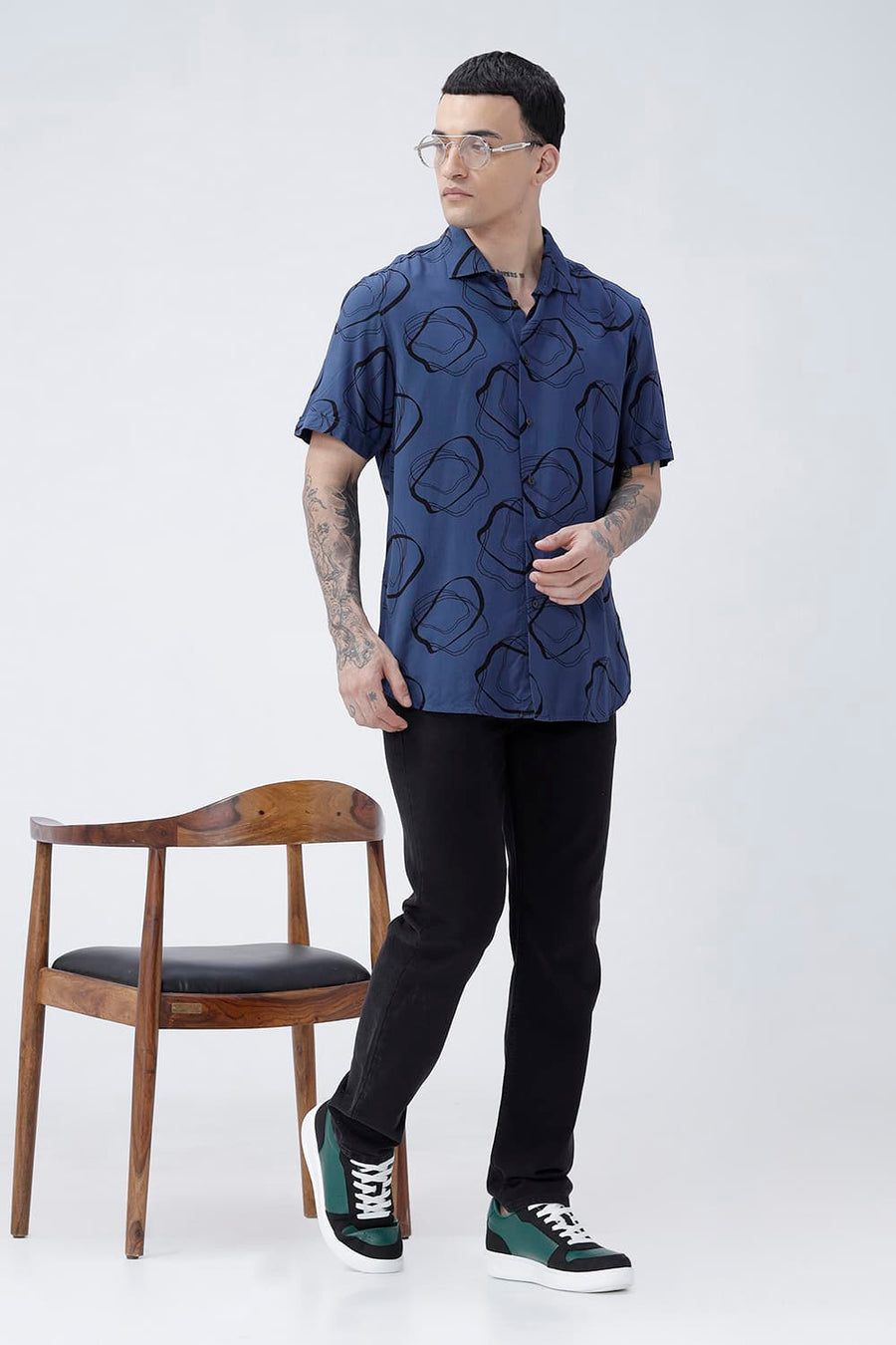 BASICS SLIM FIT TRUE NAVY COTTON VISCOSE PRINTED HALFSLEEVES SHIRT