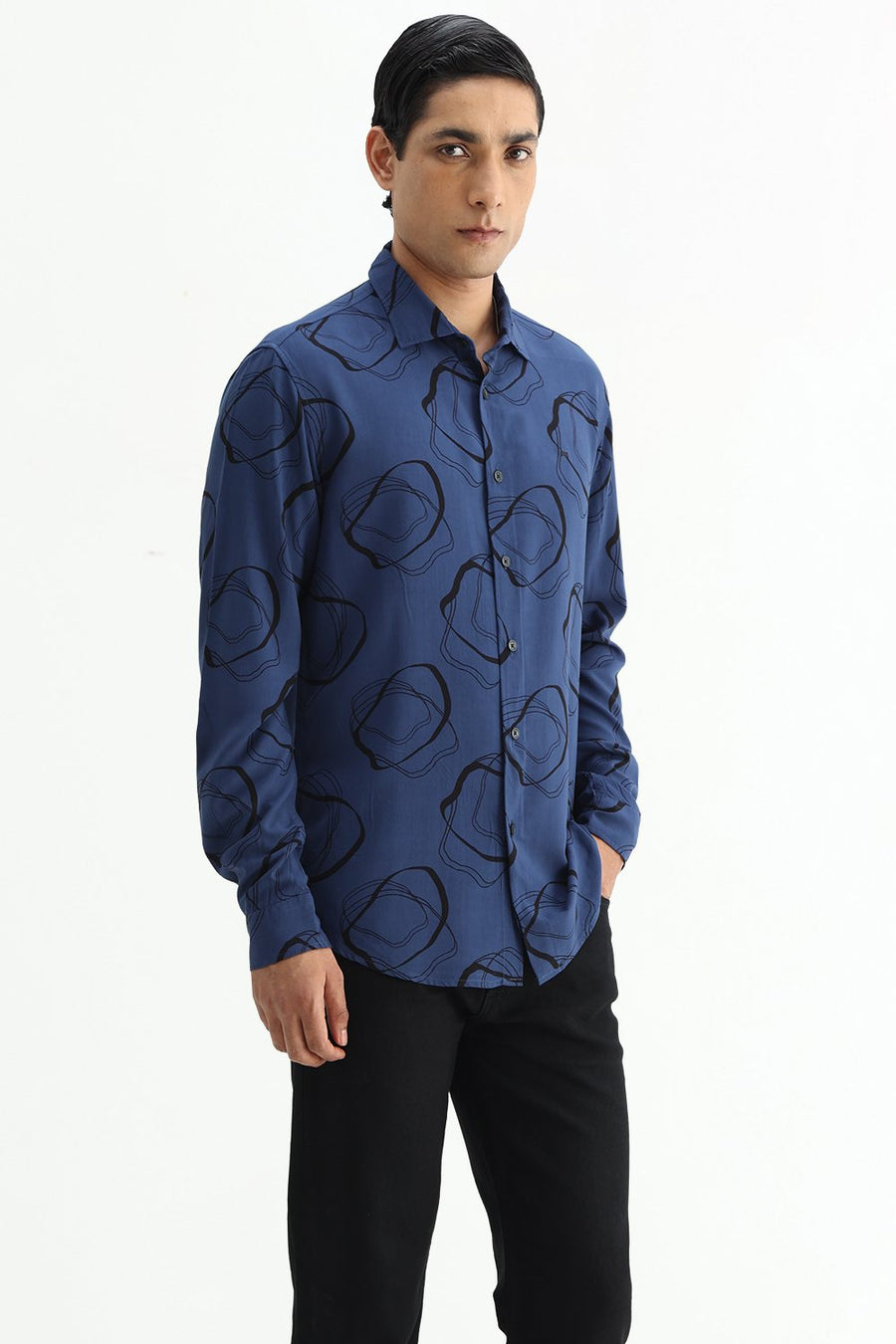 BASICS SLIM FIT TRUE NAVY COTTON VISCOSE PRINTED SHIRT