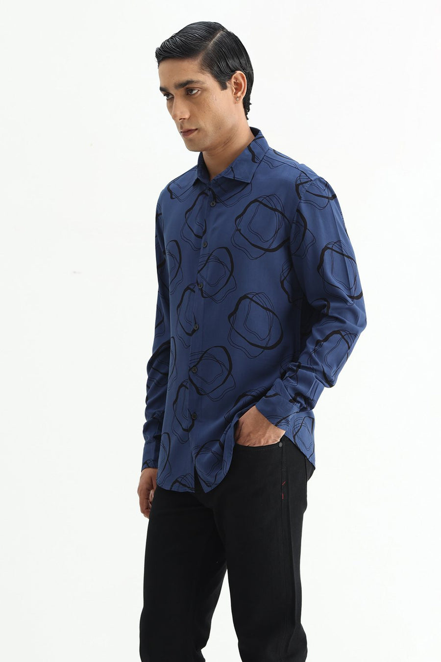 BASICS SLIM FIT TRUE NAVY COTTON VISCOSE PRINTED SHIRT