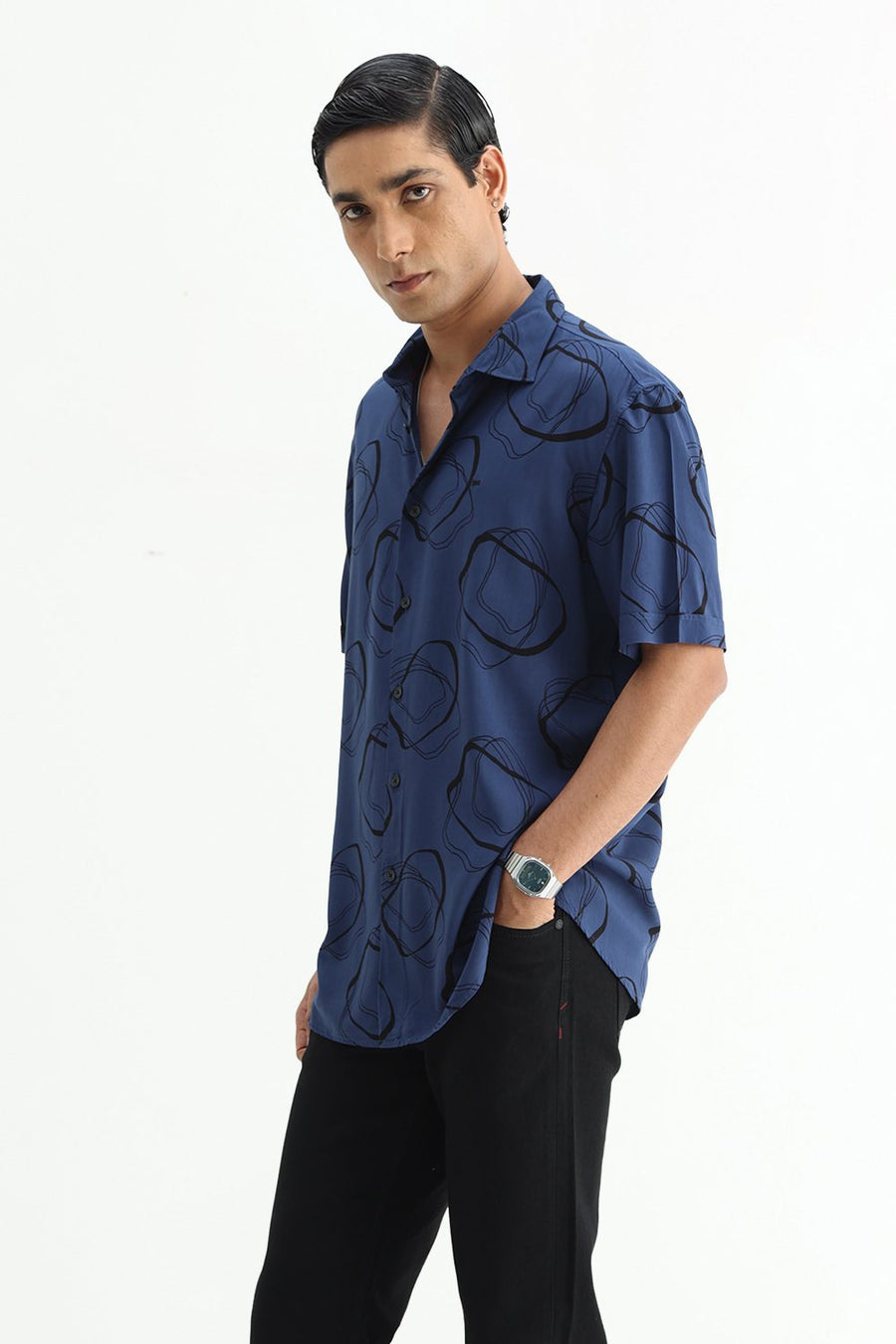 BASICS SLIM FIT TRUE NAVY COTTON VISCOSE PRINTED HALFSLEEVES SHIRT