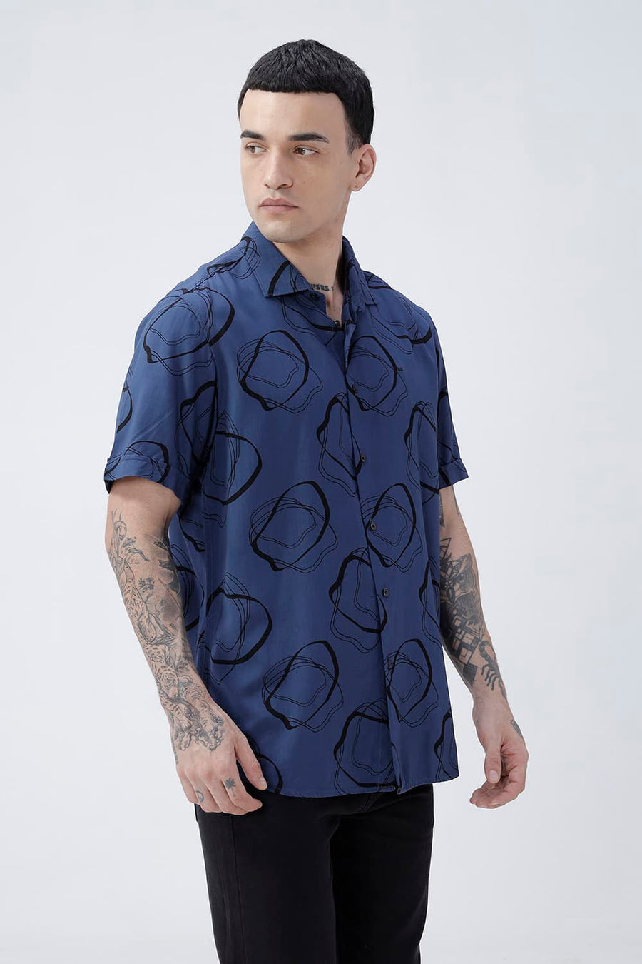 BASICS SLIM FIT TRUE NAVY COTTON VISCOSE PRINTED HALFSLEEVES SHIRT
