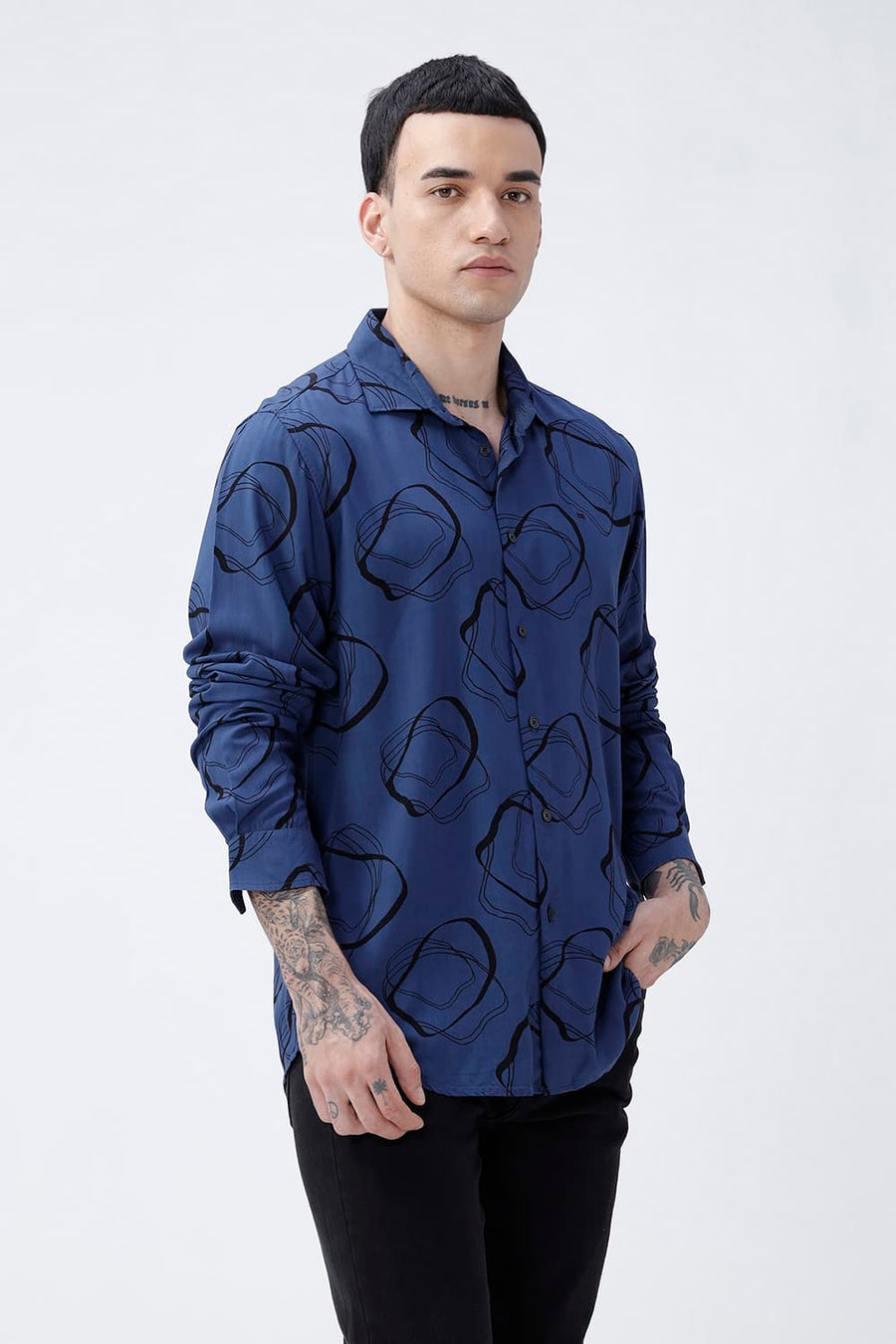 BASICS SLIM FIT TRUE NAVY COTTON VISCOSE PRINTED SHIRT
