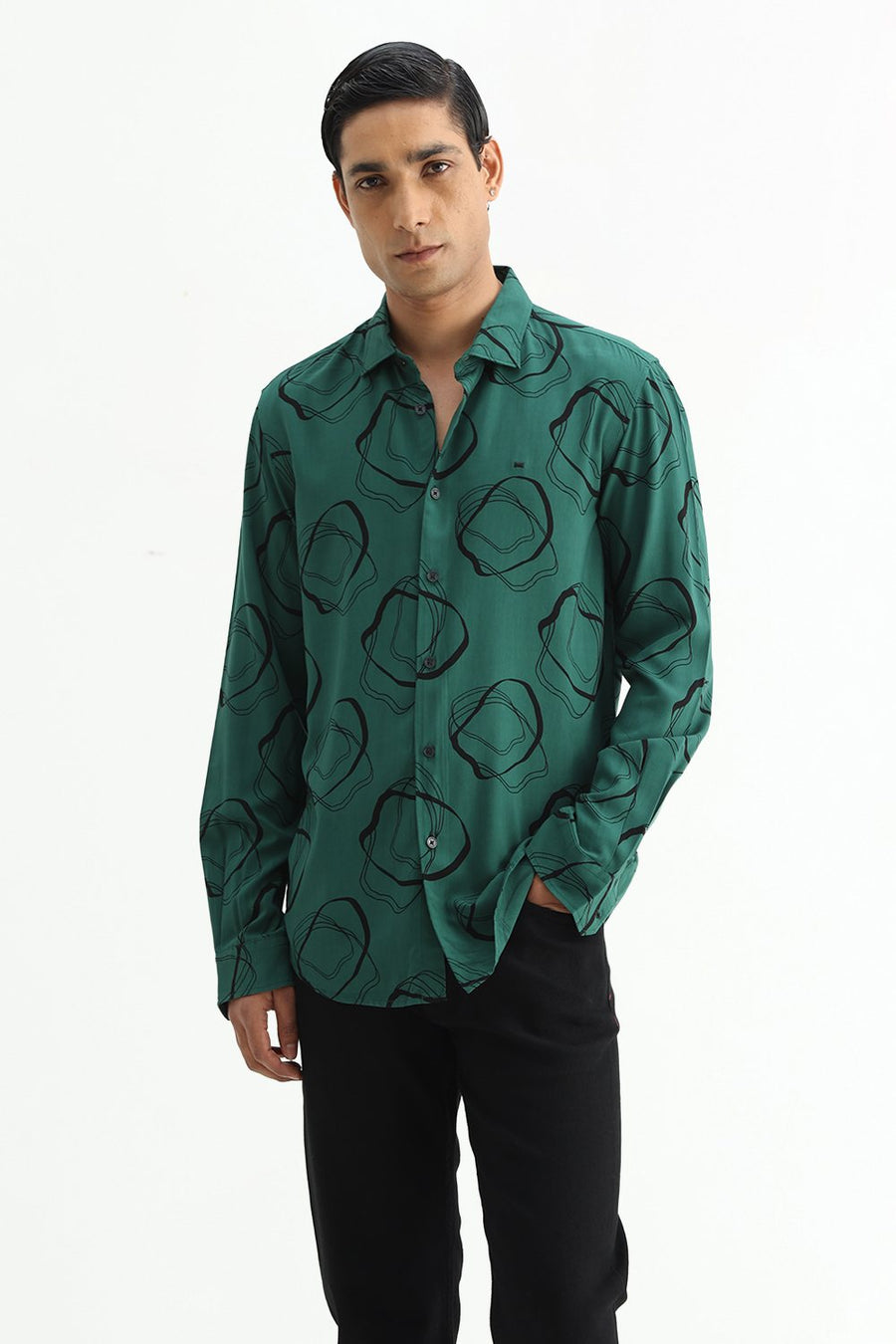 BASICS SLIM FIT  COTTON VISCOSE PRINTED SHIRT