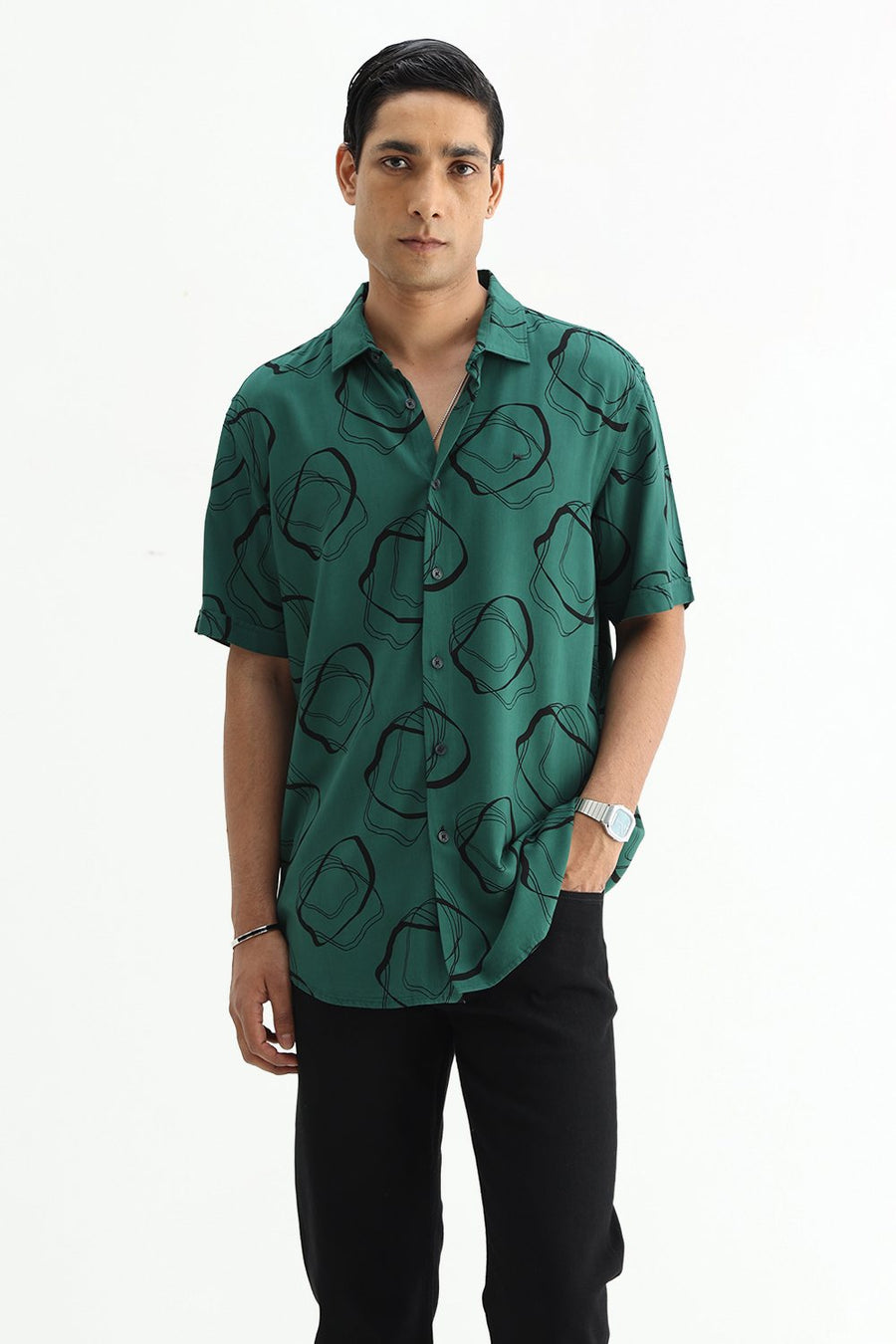 BASICS SLIM FIT  COTTON VISCOSE PRINTED HALFSLEEVES SHIRT