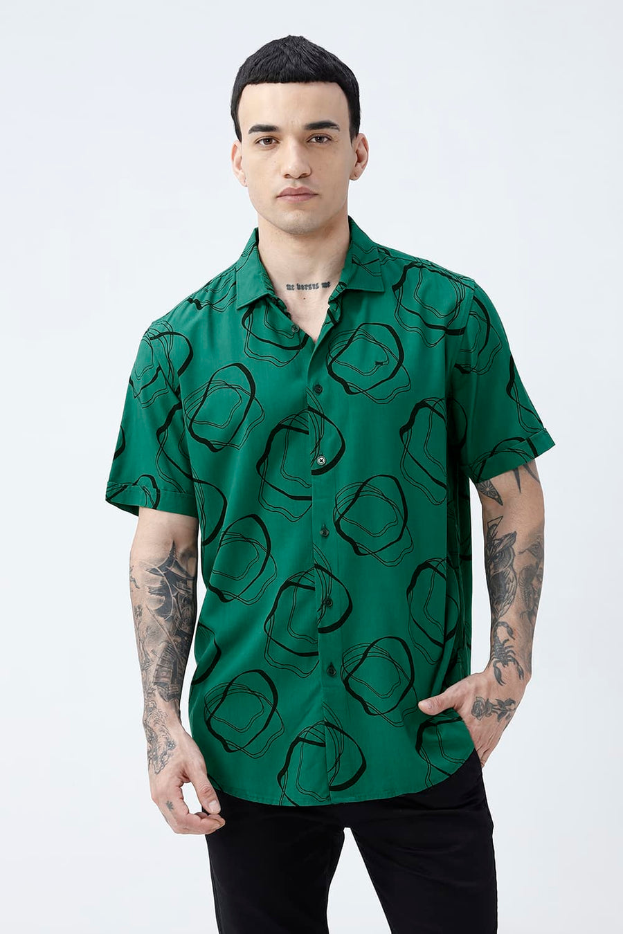 BASICS SLIM FIT  COTTON VISCOSE PRINTED HALFSLEEVES SHIRT