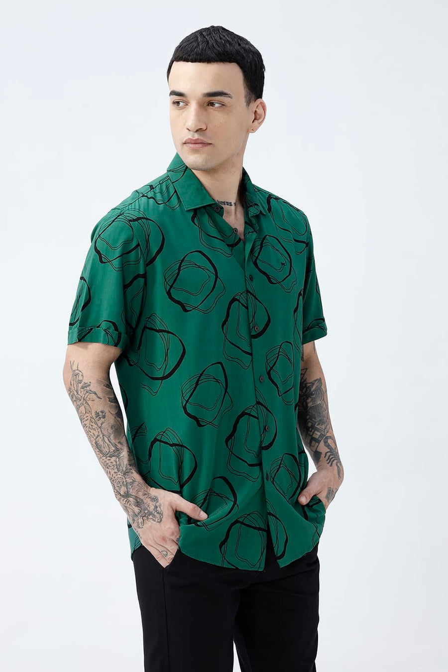 BASICS SLIM FIT  COTTON VISCOSE PRINTED HALFSLEEVES SHIRT