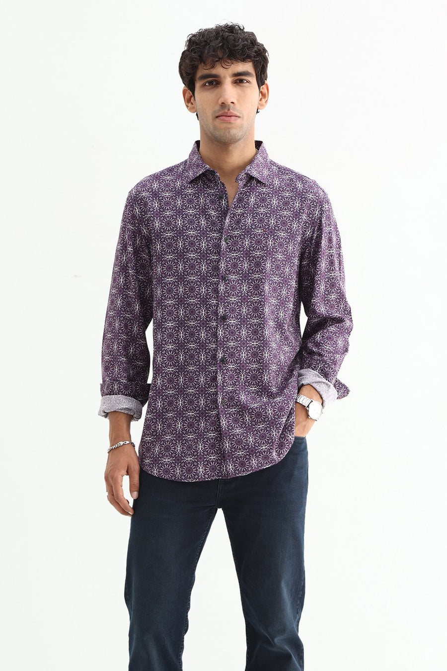 BASICS SLIM FIT  COTTON VISCOSE PRINTED SHIRT