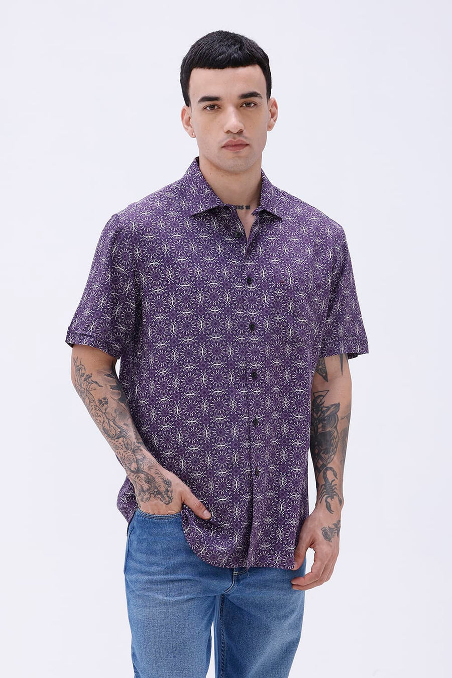 BASICS SLIM FIT  COTTON VISCOSE PRINTED HALFSLEEVES SHIRT