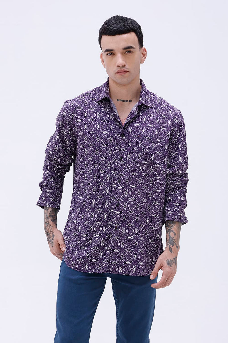 BASICS SLIM FIT  COTTON VISCOSE PRINTED SHIRT