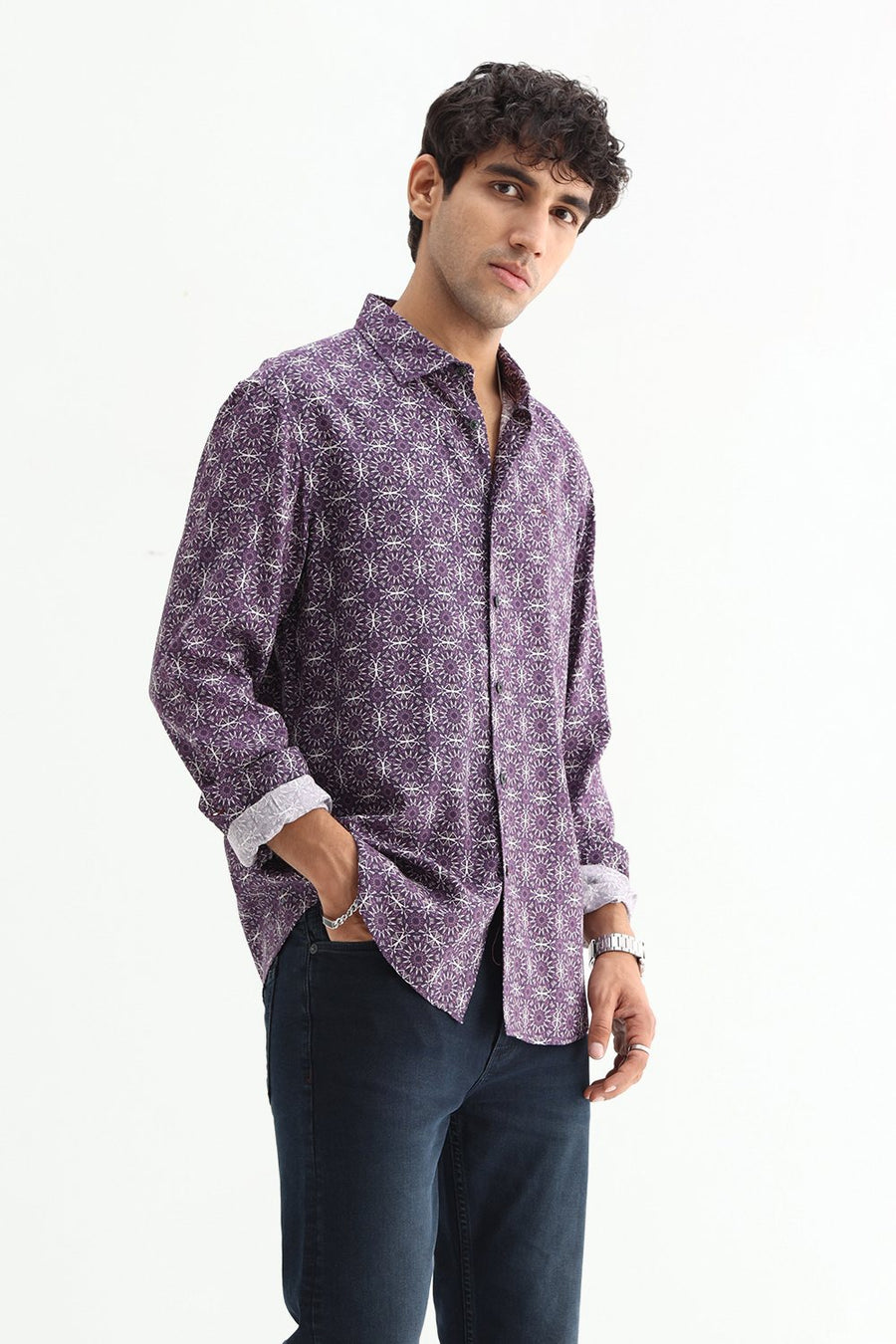 BASICS SLIM FIT  COTTON VISCOSE PRINTED SHIRT
