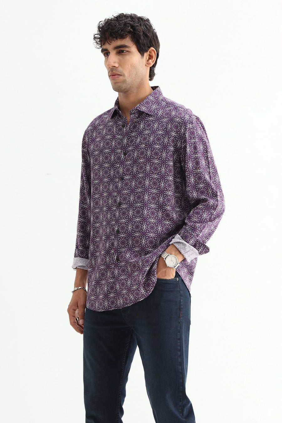 BASICS SLIM FIT  COTTON VISCOSE PRINTED SHIRT