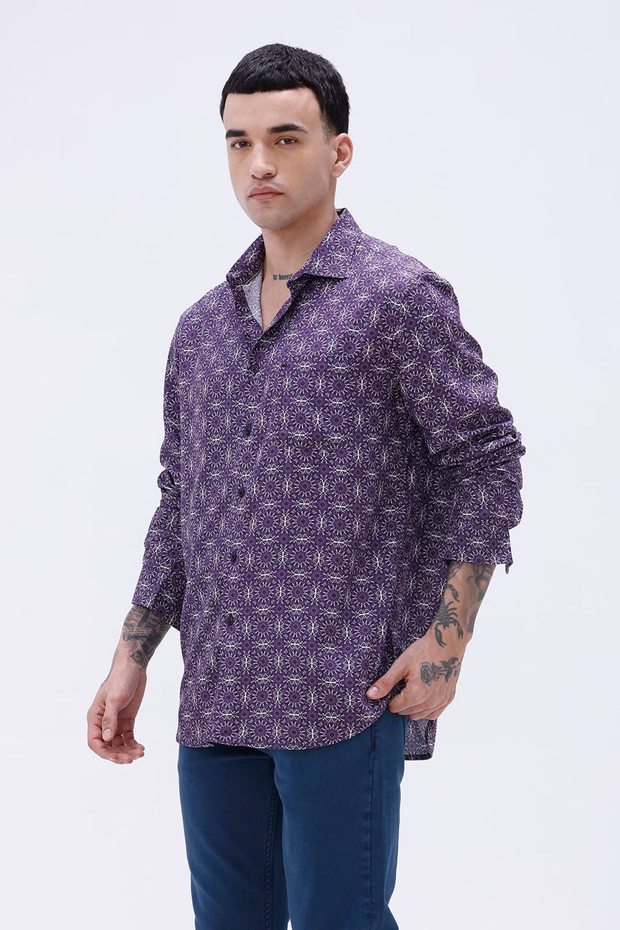 BASICS SLIM FIT  COTTON VISCOSE PRINTED SHIRT