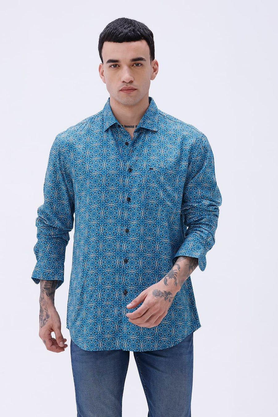 BASICS SLIM FIT  COTTON VISCOSE PRINTED SHIRT