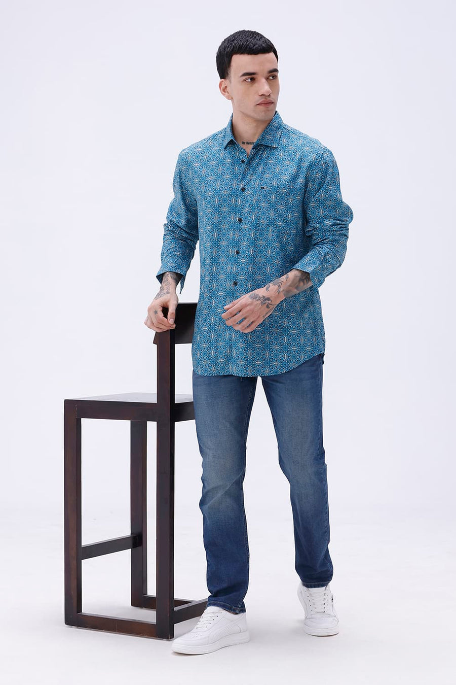 BASICS SLIM FIT  COTTON VISCOSE PRINTED SHIRT