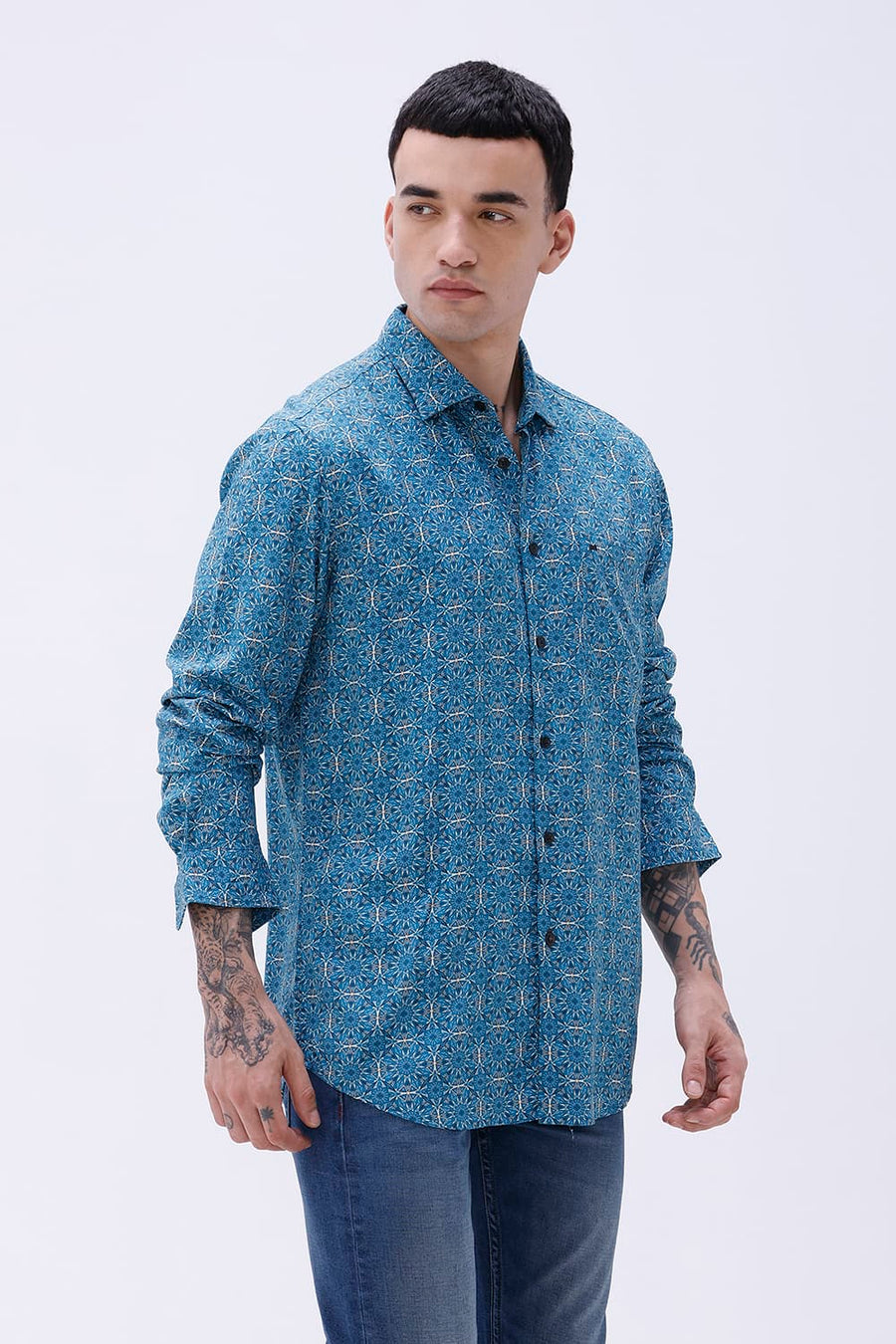 BASICS SLIM FIT  COTTON VISCOSE PRINTED SHIRT