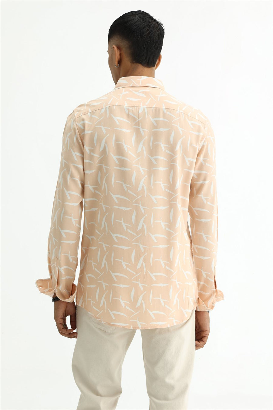 BASICS SLIM FIT PEACH QUARTZ COTTON VISCOSE PRINTED SHIRT