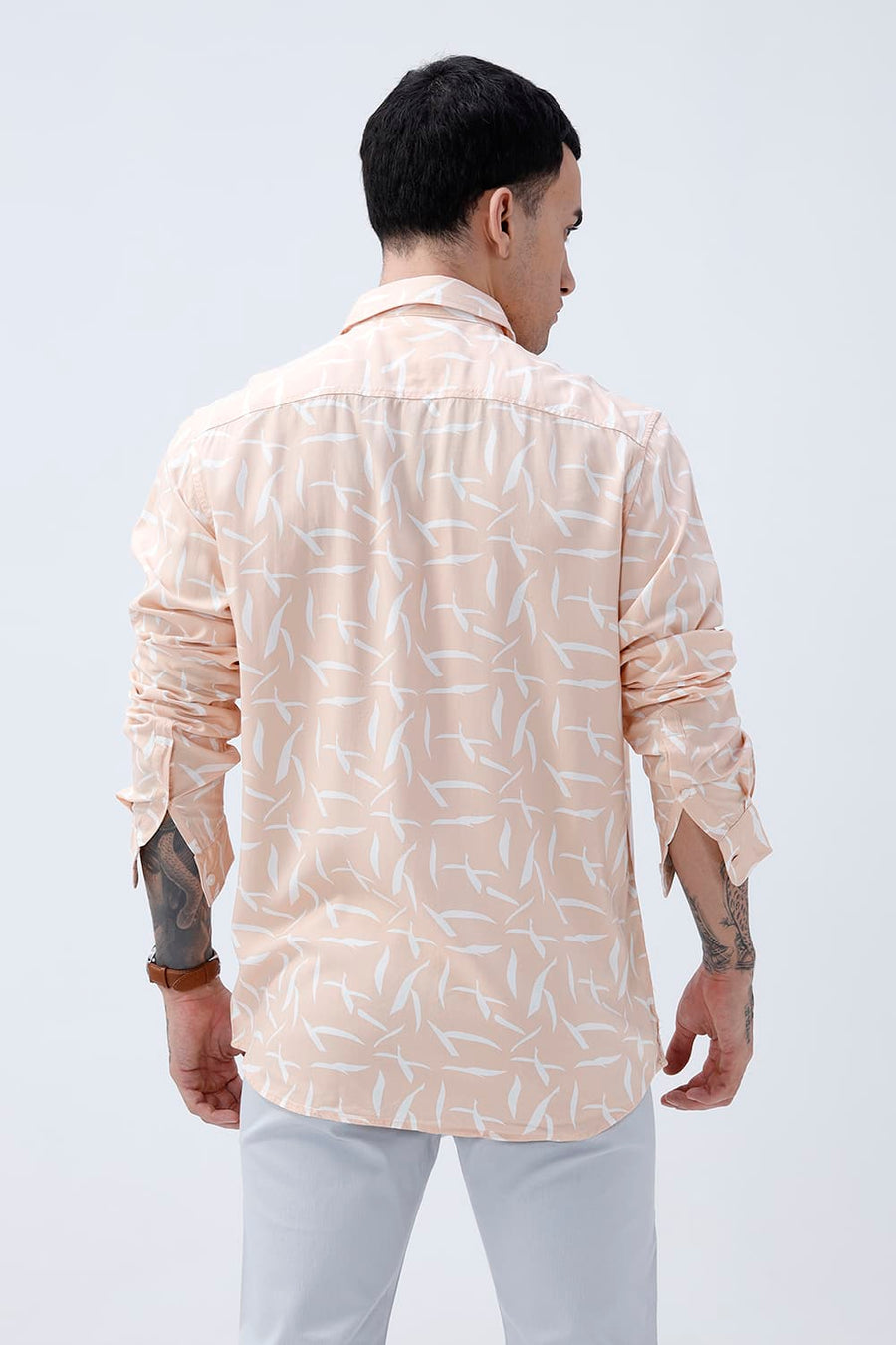 BASICS SLIM FIT PEACH QUARTZ COTTON VISCOSE PRINTED SHIRT