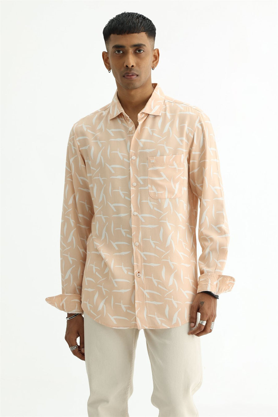 BASICS SLIM FIT PEACH QUARTZ COTTON VISCOSE PRINTED SHIRT