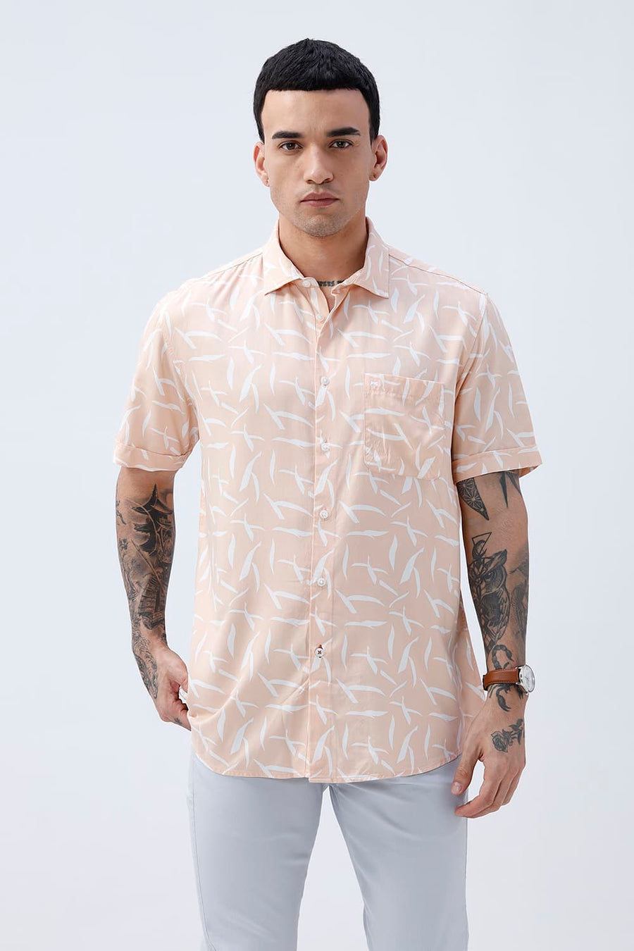 BASICS SLIM FIT PEACH QUARTZ COTTON VISCOSE PRINTED HALFSLEEVES SHIRT