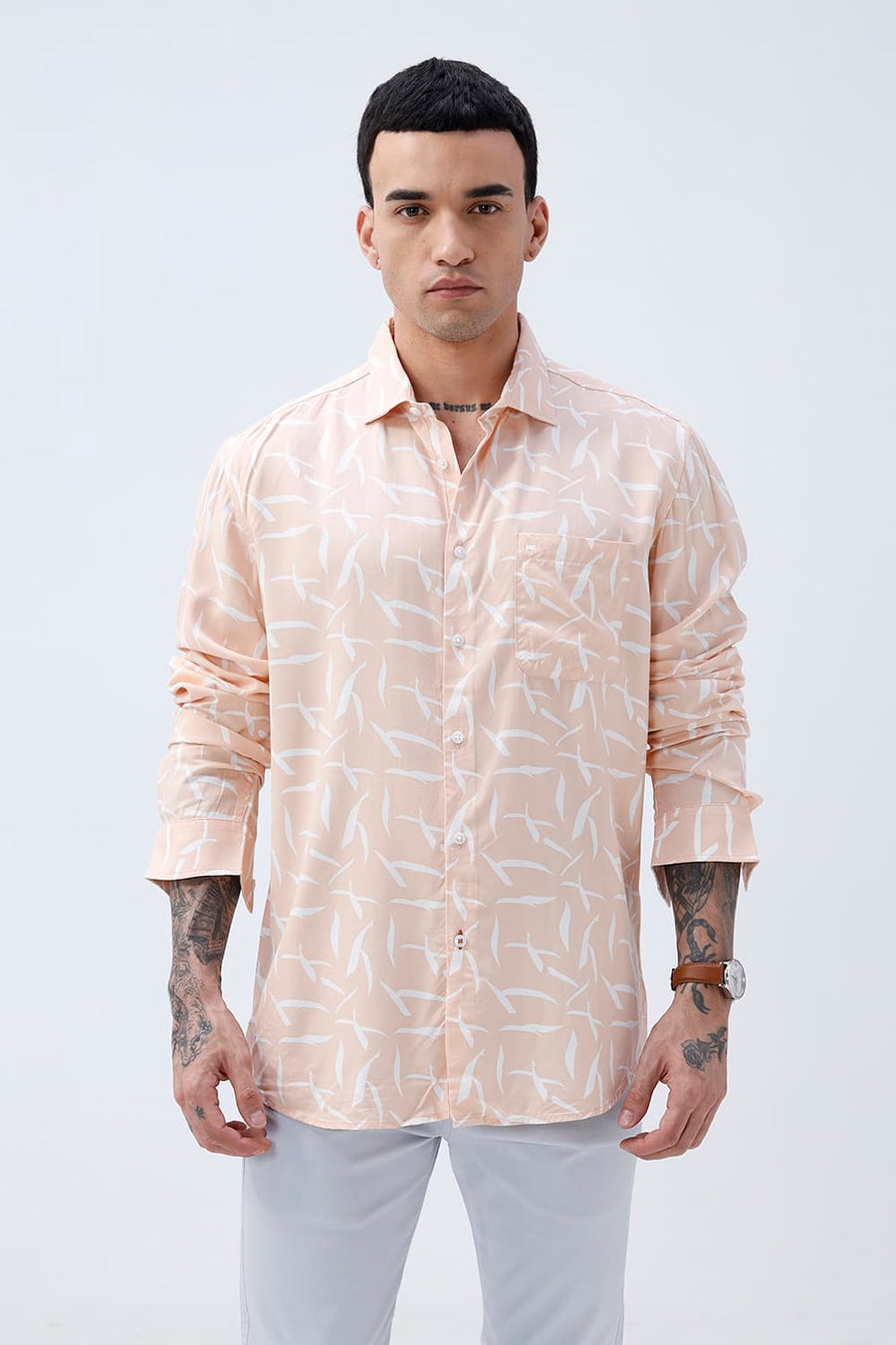 BASICS SLIM FIT PEACH QUARTZ COTTON VISCOSE PRINTED SHIRT