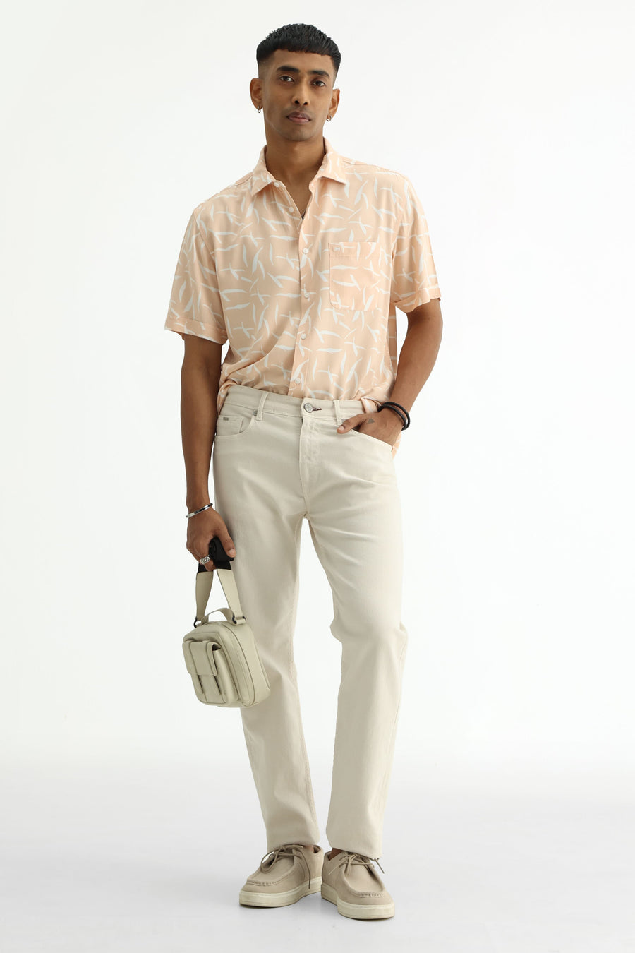 BASICS SLIM FIT PEACH QUARTZ COTTON VISCOSE PRINTED HALFSLEEVES SHIRT