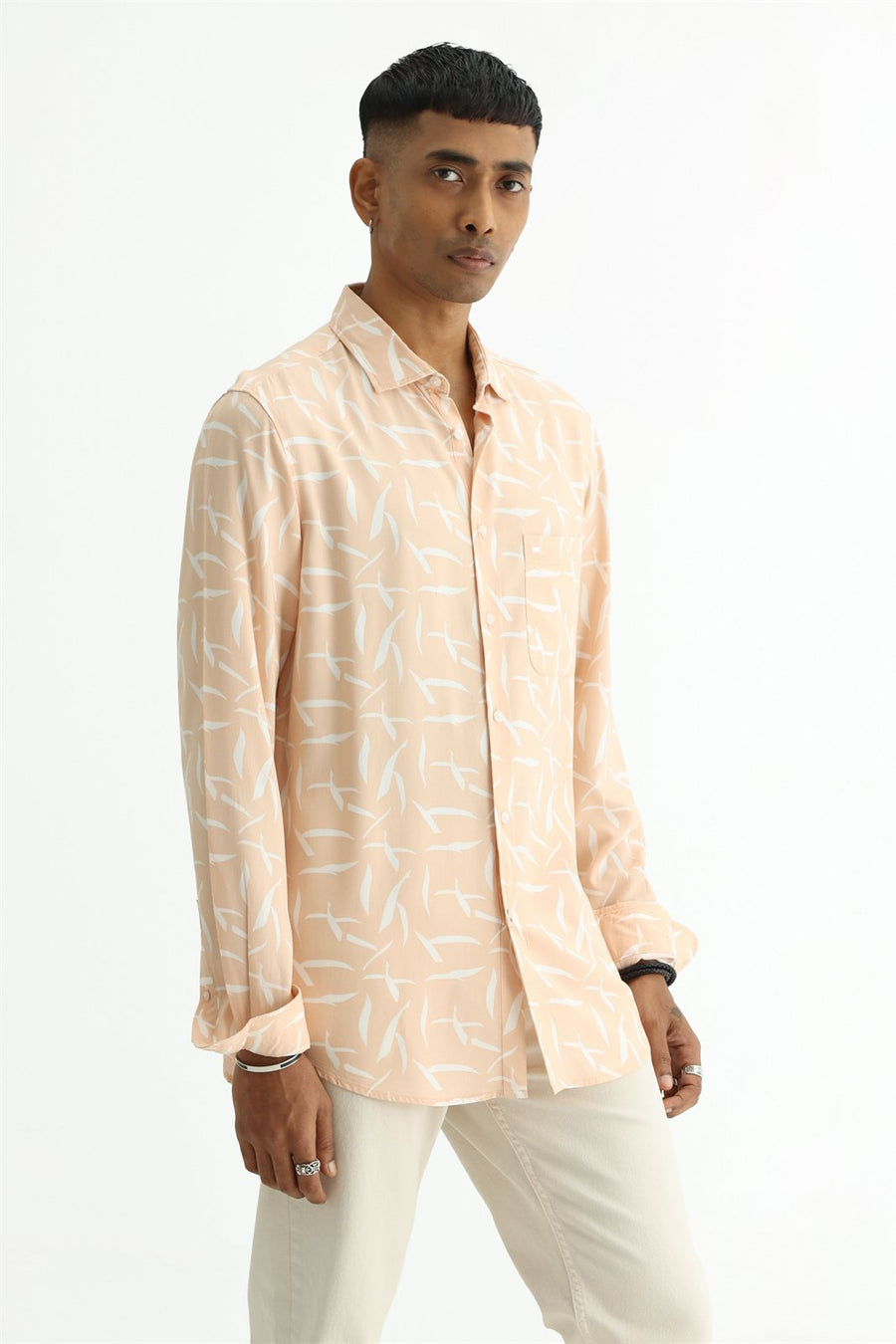 BASICS SLIM FIT PEACH QUARTZ COTTON VISCOSE PRINTED SHIRT