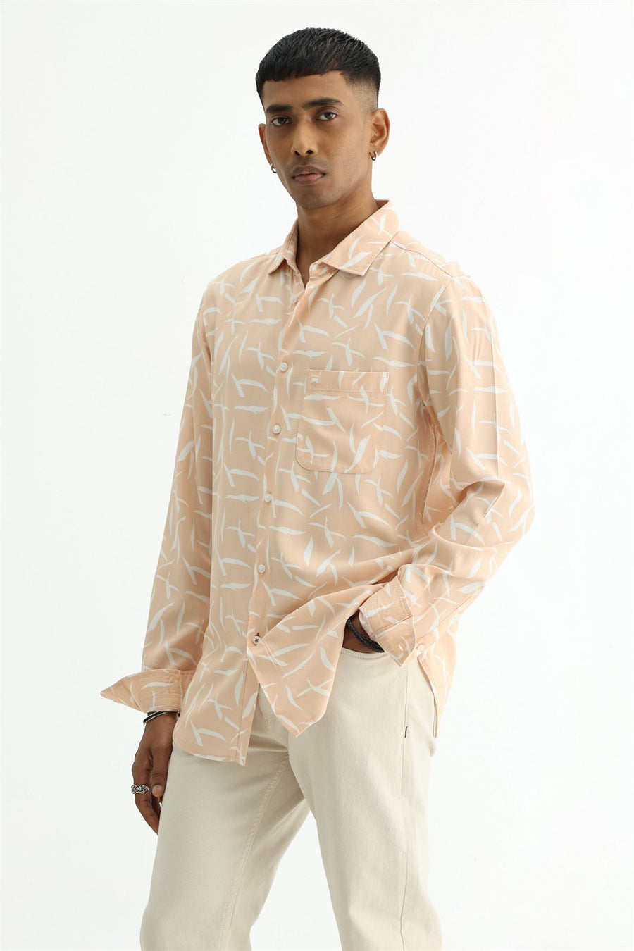 BASICS SLIM FIT PEACH QUARTZ COTTON VISCOSE PRINTED SHIRT