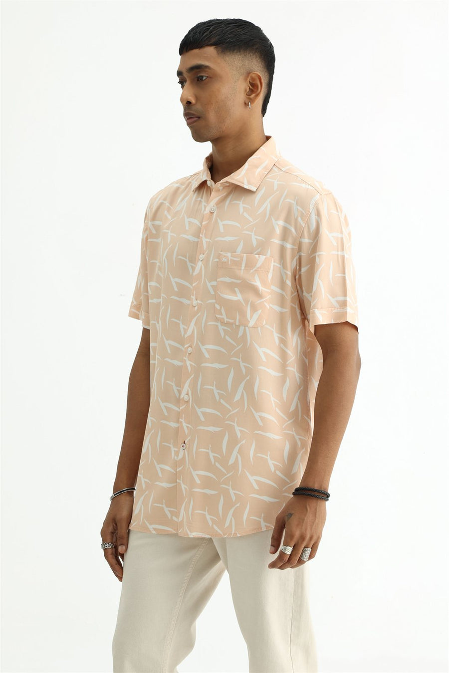 BASICS SLIM FIT PEACH QUARTZ COTTON VISCOSE PRINTED HALFSLEEVES SHIRT