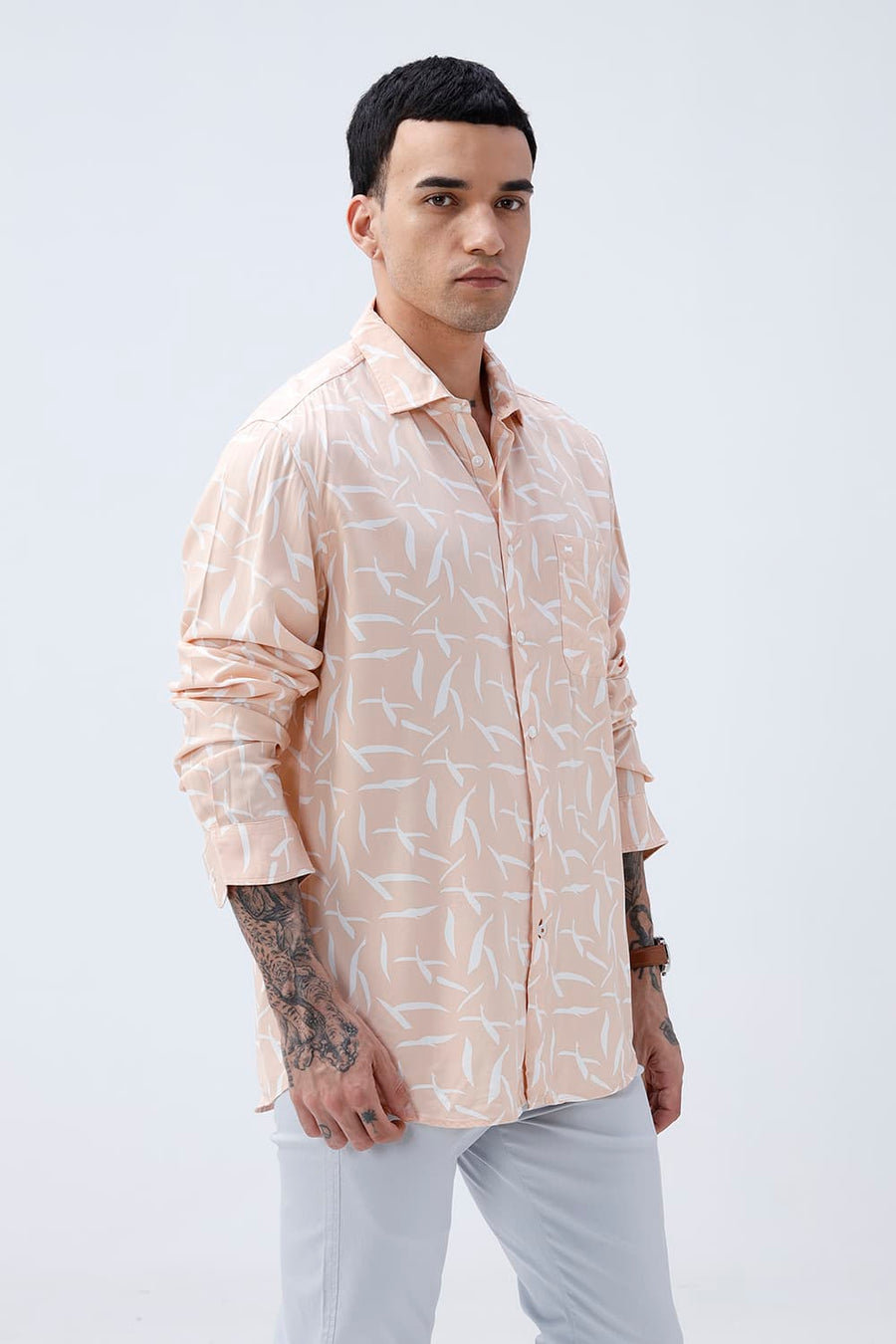 BASICS SLIM FIT PEACH QUARTZ COTTON VISCOSE PRINTED SHIRT