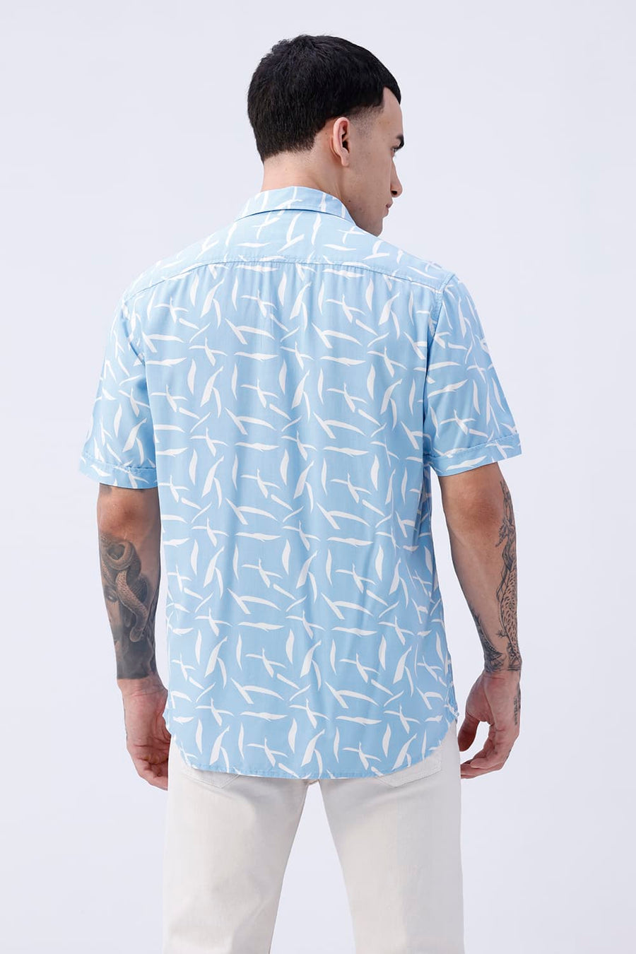 BASICS SLIM FIT SKY BLUE COTTON VISCOSE PRINTED HALFSLEEVES SHIRT
