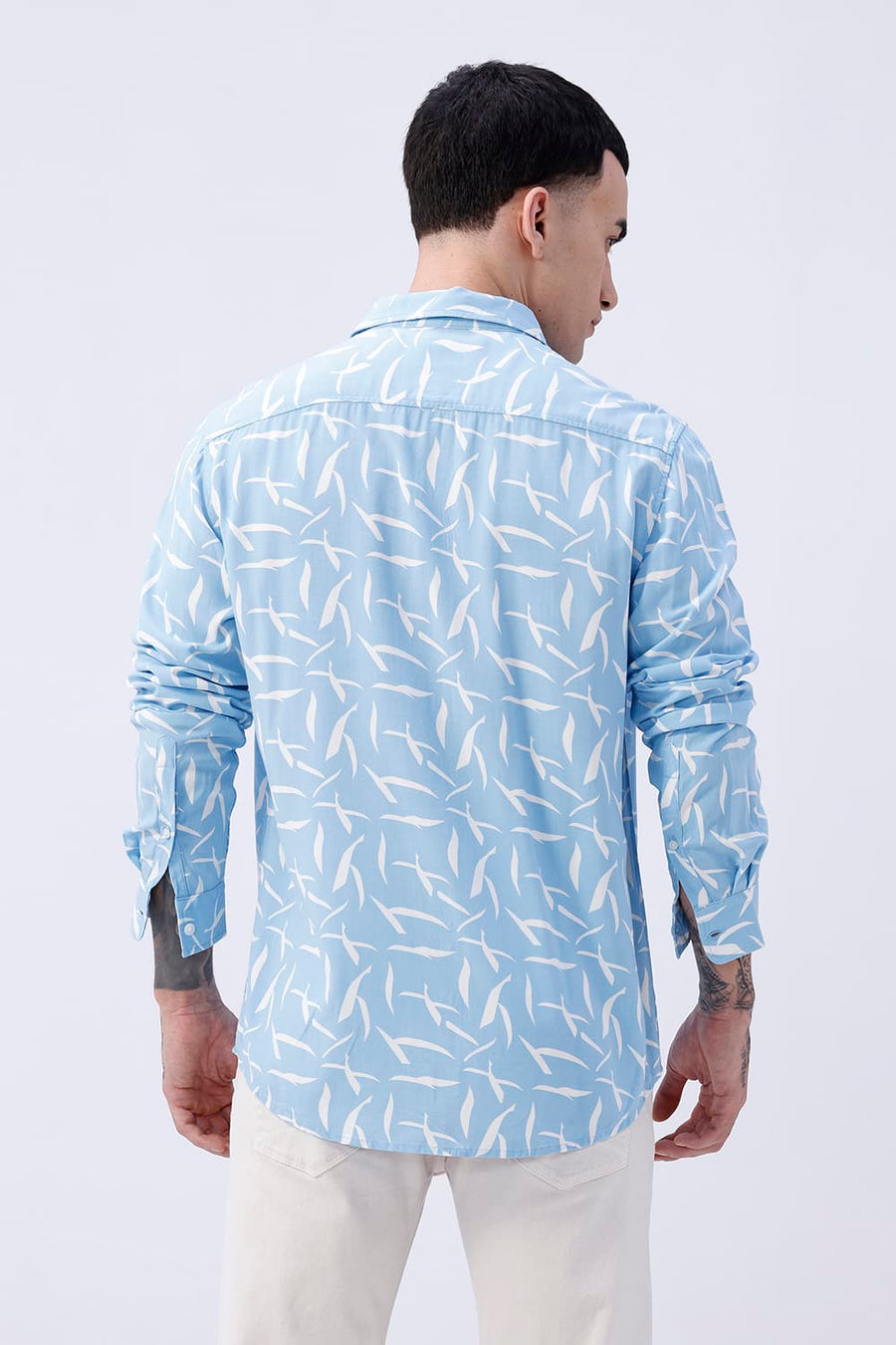 BASICS SLIM FIT SKY BLUE COTTON VISCOSE PRINTED SHIRT