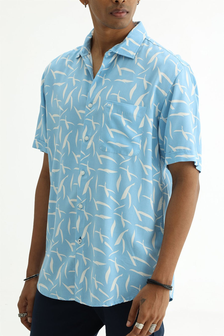 BASICS SLIM FIT SKY BLUE COTTON VISCOSE PRINTED HALFSLEEVES SHIRT