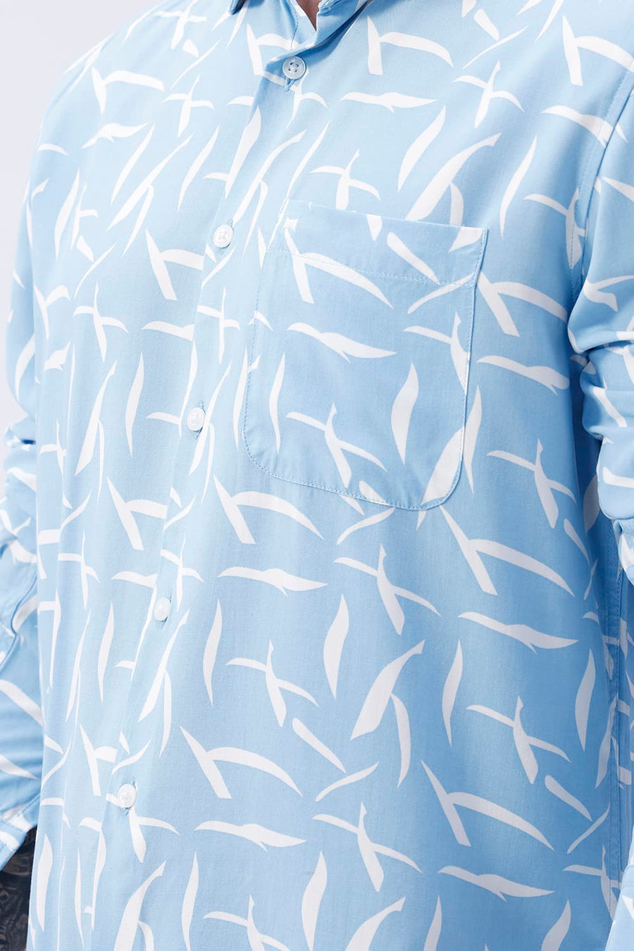 BASICS SLIM FIT SKY BLUE COTTON VISCOSE PRINTED SHIRT