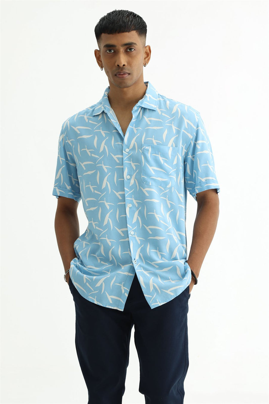 BASICS SLIM FIT SKY BLUE COTTON VISCOSE PRINTED HALFSLEEVES SHIRT