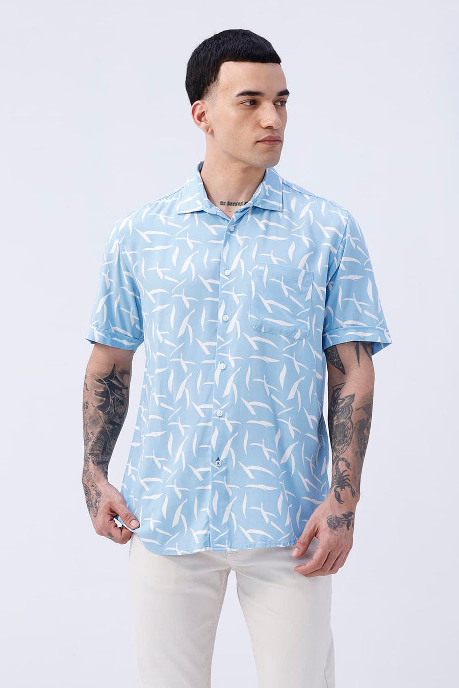 BASICS SLIM FIT SKY BLUE COTTON VISCOSE PRINTED HALFSLEEVES SHIRT