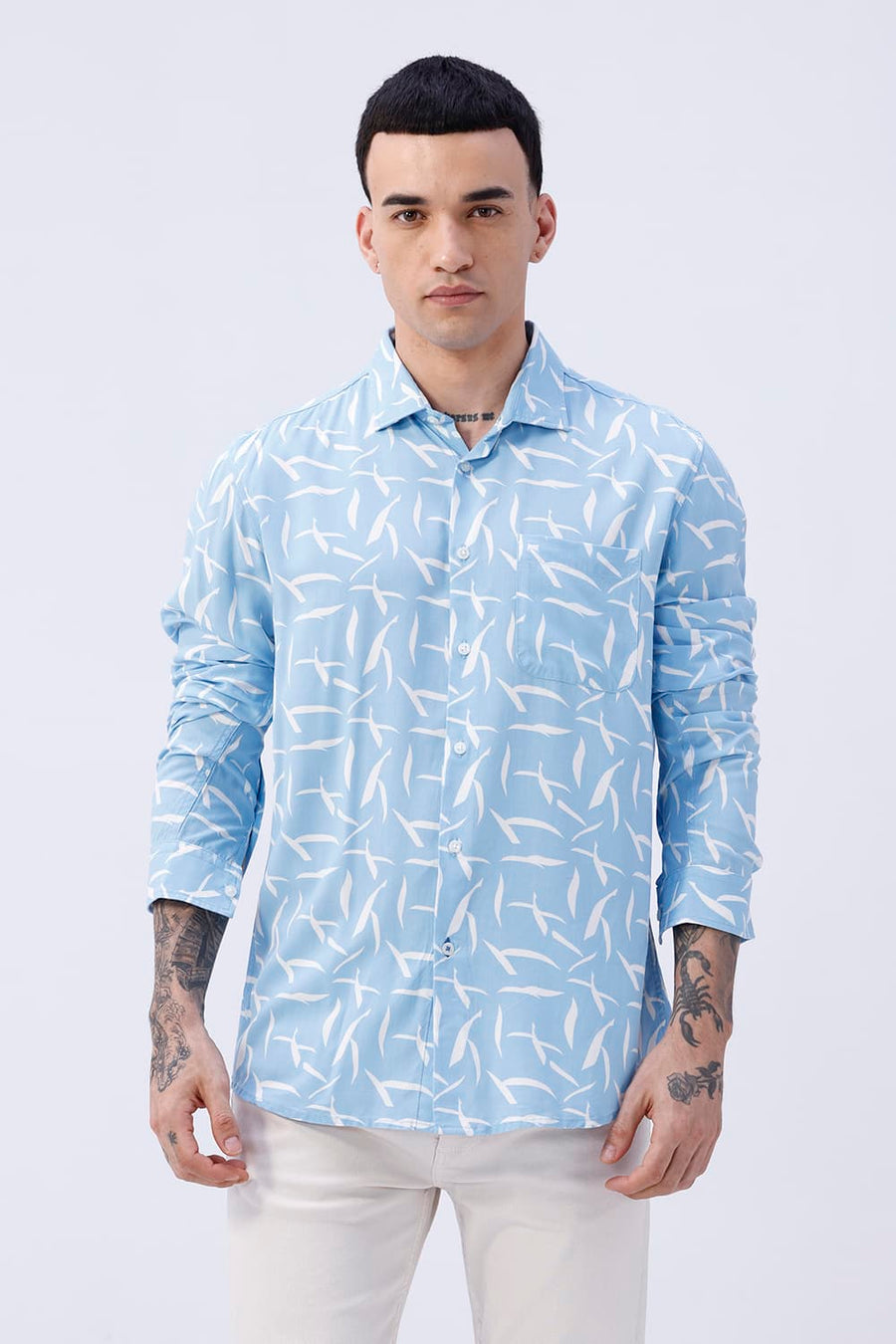 BASICS SLIM FIT SKY BLUE COTTON VISCOSE PRINTED SHIRT