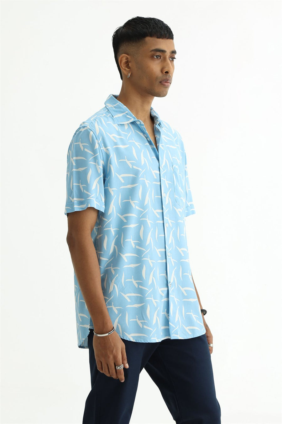 BASICS SLIM FIT SKY BLUE COTTON VISCOSE PRINTED HALFSLEEVES SHIRT