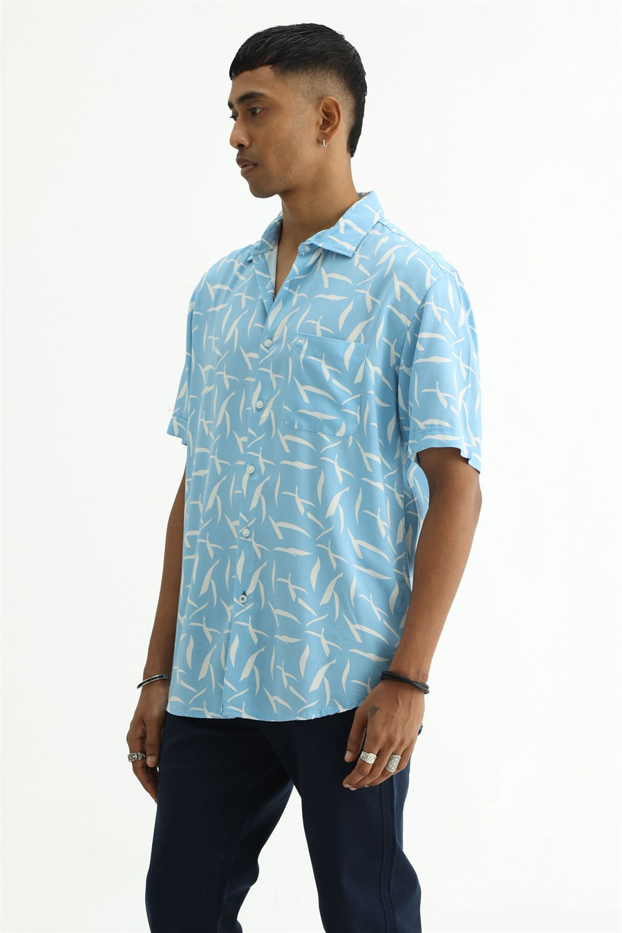 BASICS SLIM FIT SKY BLUE COTTON VISCOSE PRINTED HALFSLEEVES SHIRT