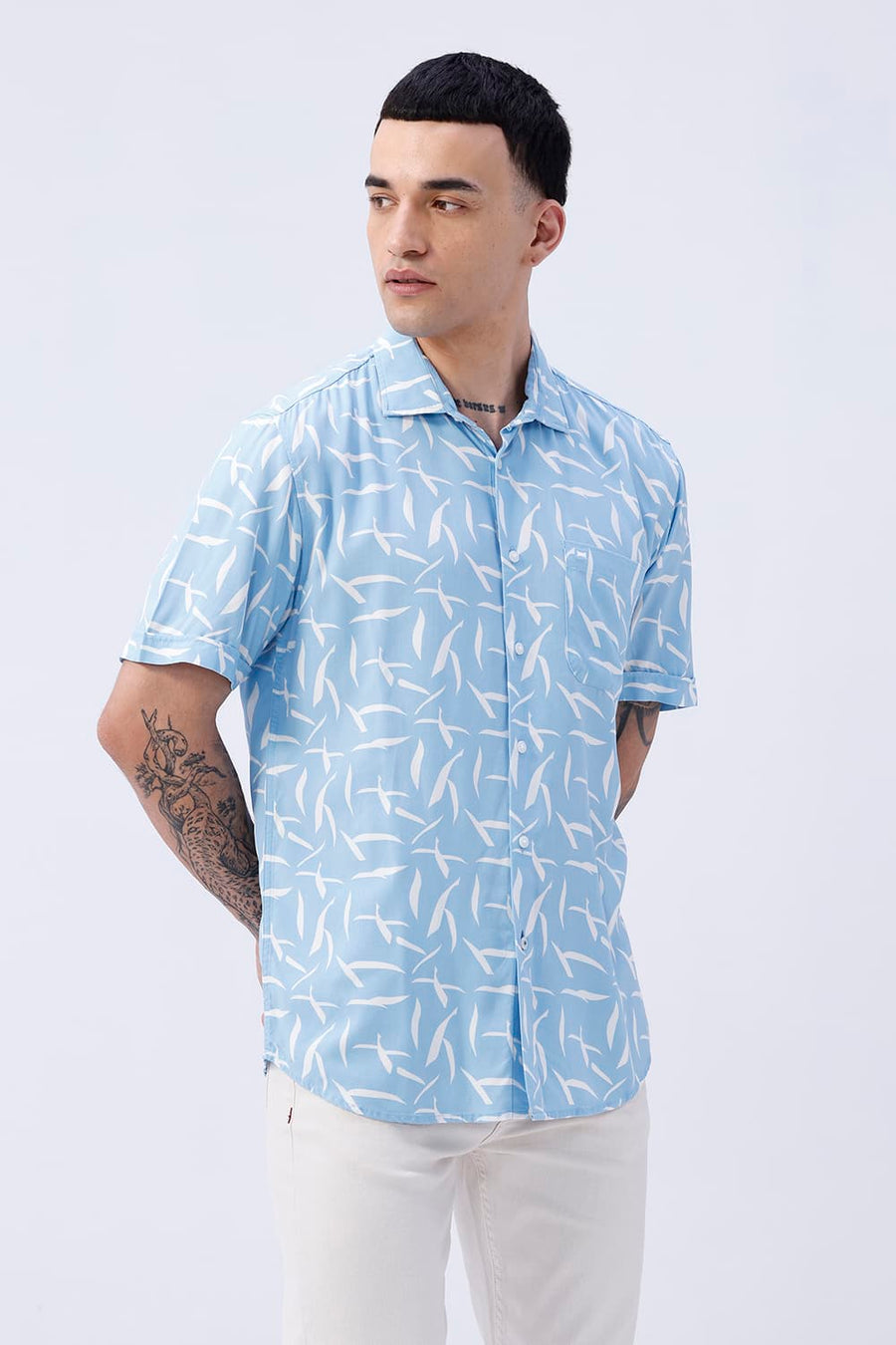 BASICS SLIM FIT SKY BLUE COTTON VISCOSE PRINTED HALFSLEEVES SHIRT
