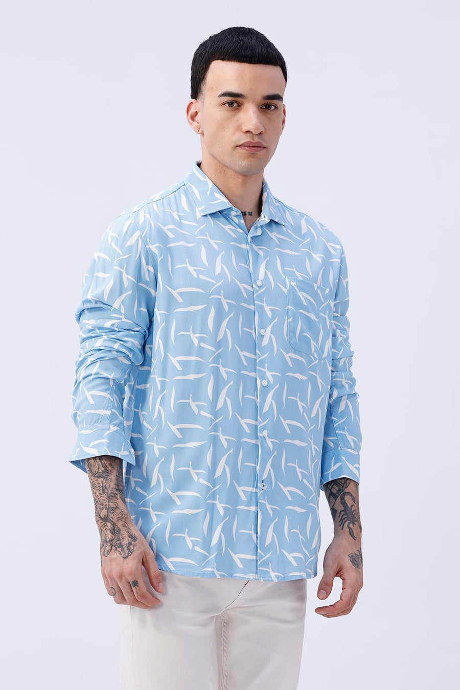 BASICS SLIM FIT SKY BLUE COTTON VISCOSE PRINTED SHIRT