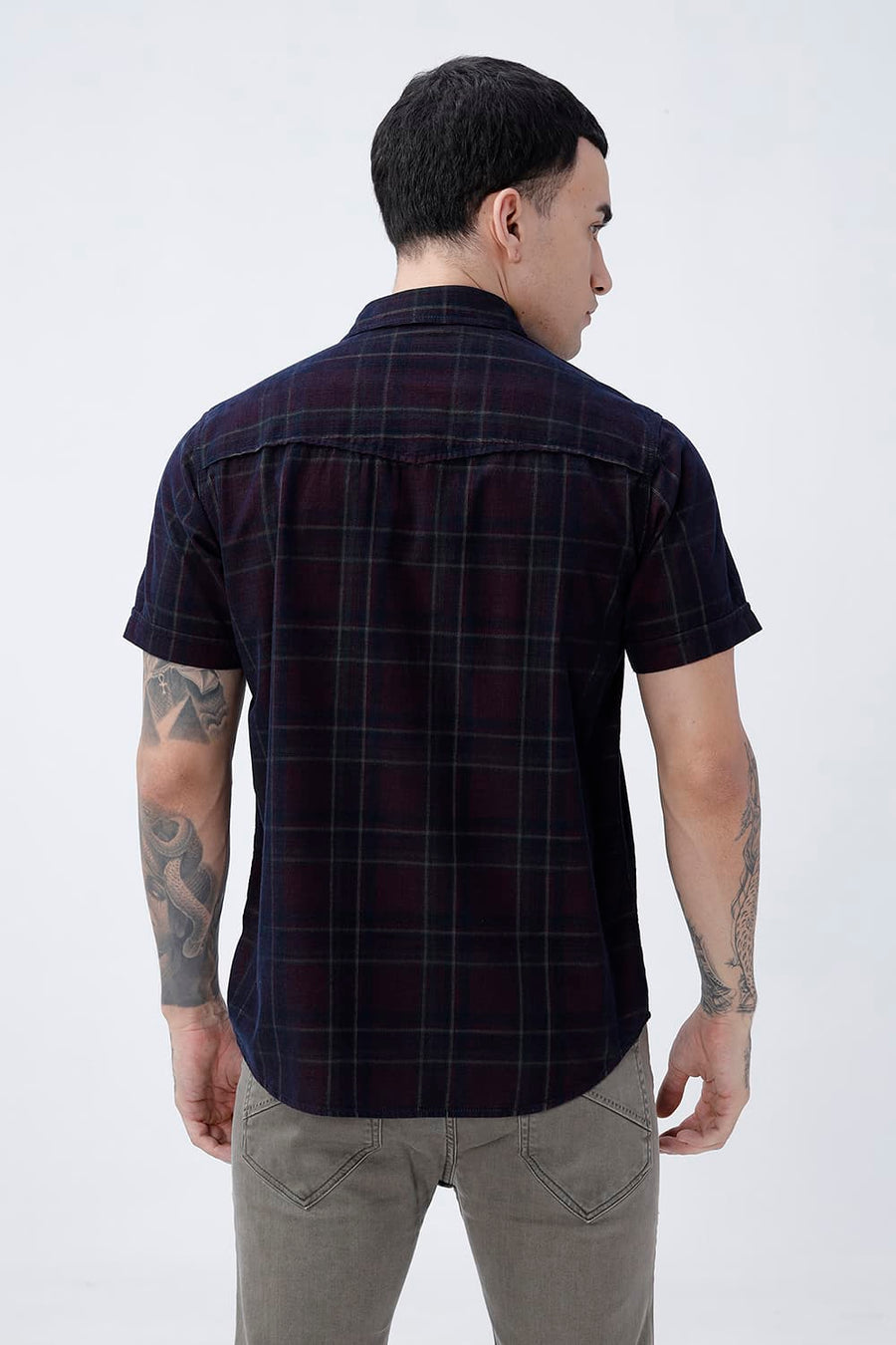 BASICS SLIM FIT NAVY ECLIPSE COTTON CORDUROY CHECKS HALFSLEEVES SHIRT