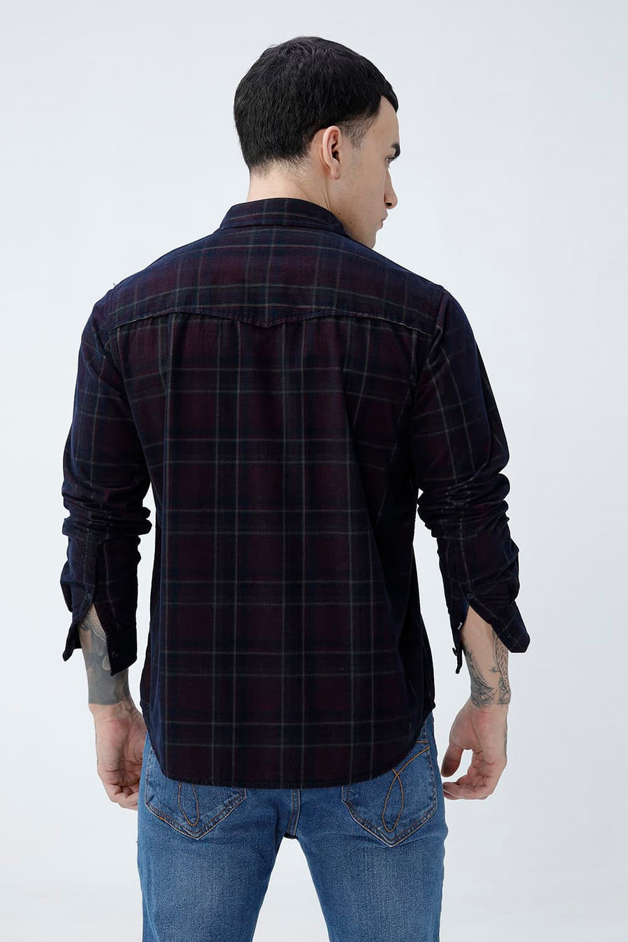 BASICS SLIM FIT NAVY ECLIPSE COTTON CORDUROY CHECKS SHIRT