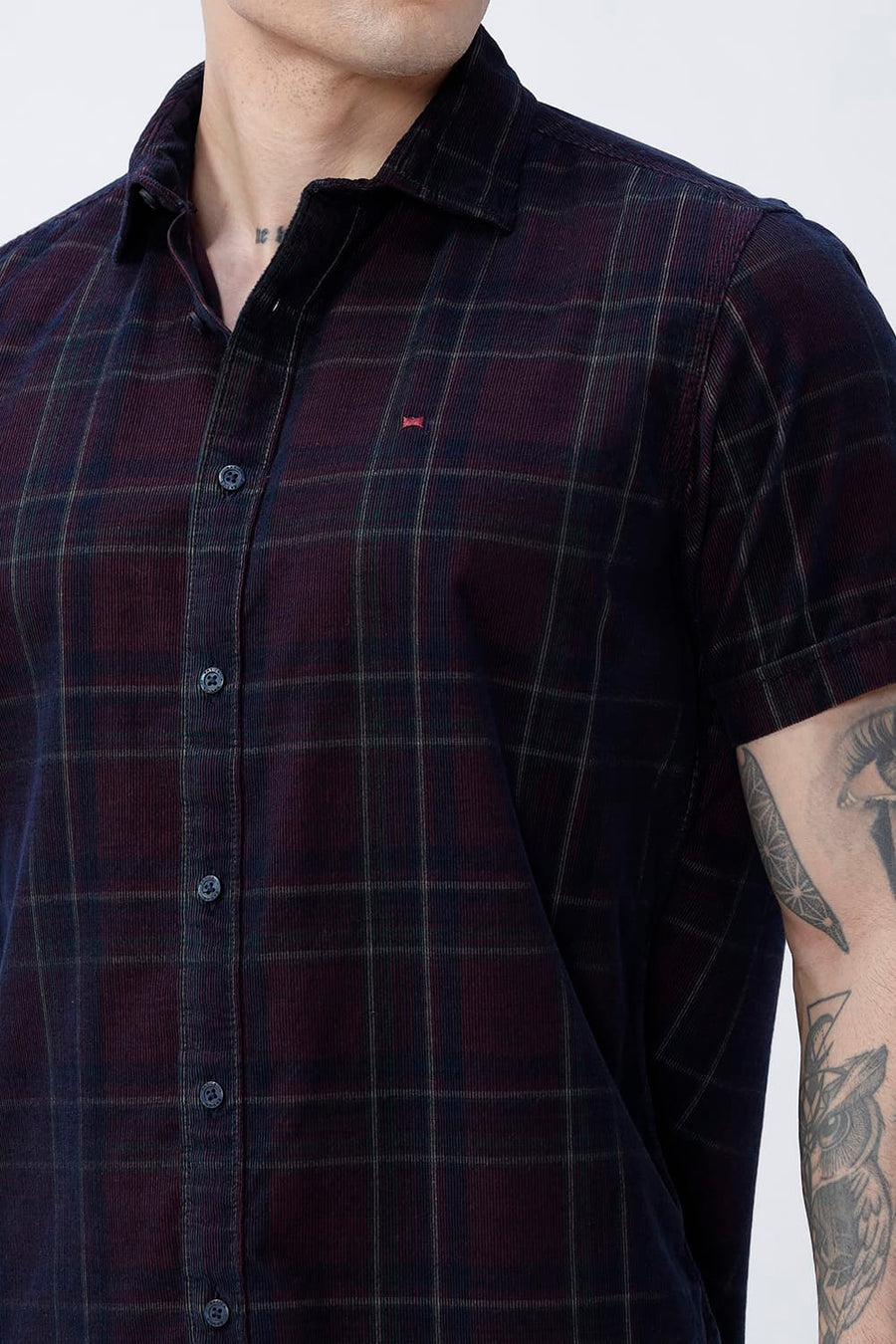BASICS SLIM FIT NAVY ECLIPSE COTTON CORDUROY CHECKS HALFSLEEVES SHIRT